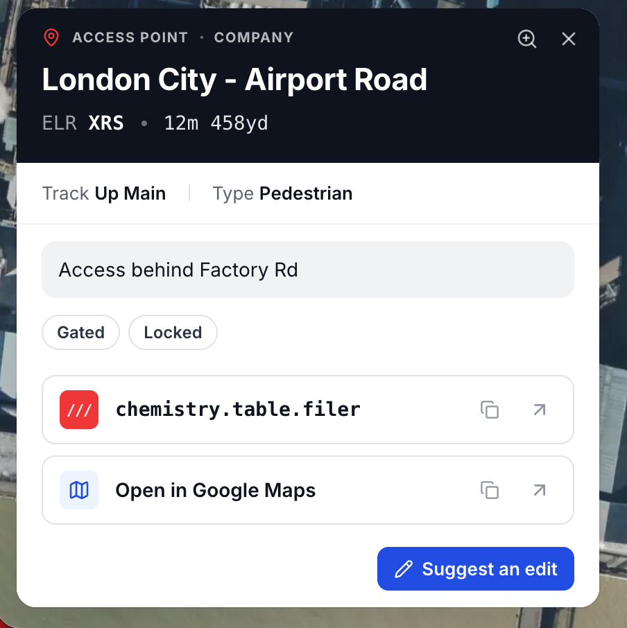Access point detail panel showing name, ELR, mileage, type, tags and a Suggest an edit button