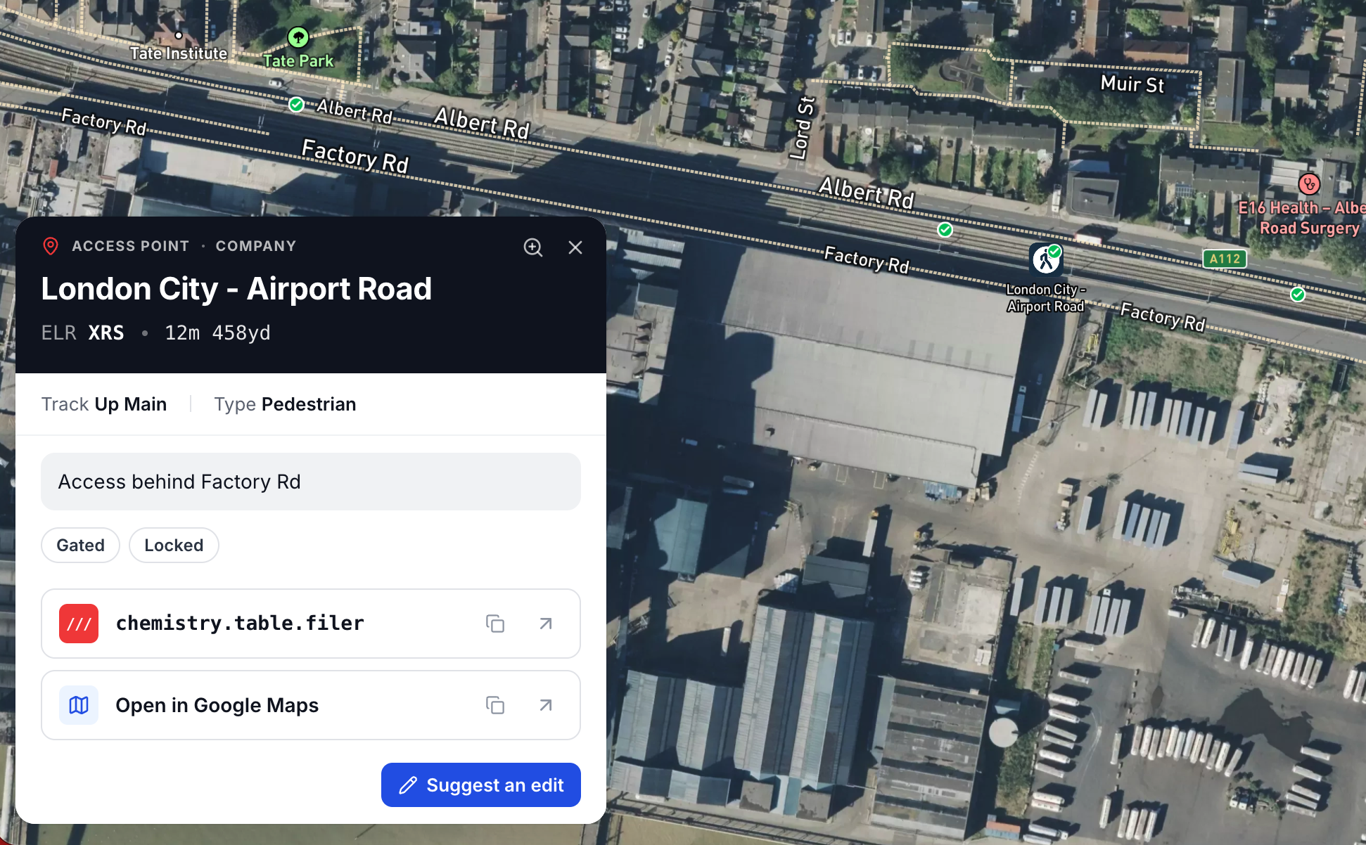 Company Map aerial view showing access point markers along a railway with an open detail panel for London City - Airport Road