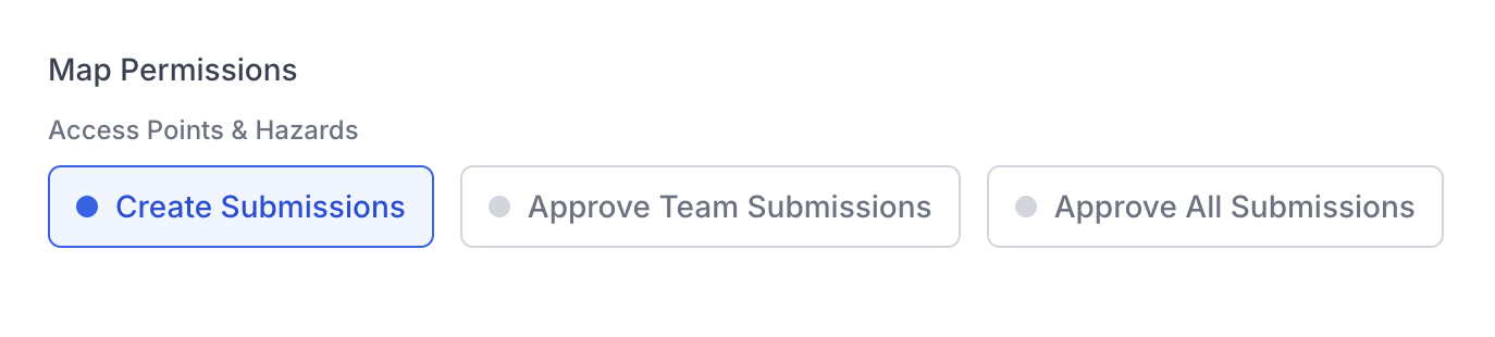 Map Permissions section in the user edit page showing Create Submissions, Approve Team Submissions, and Approve All Submissions options
