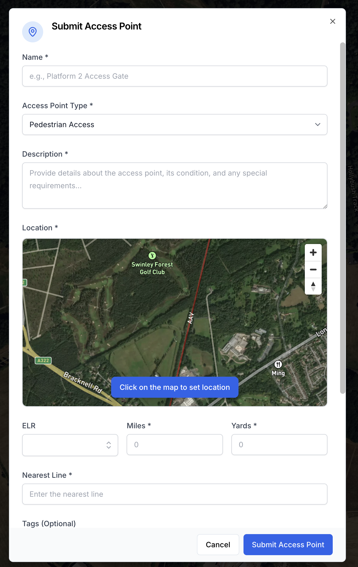 Submit Access Point modal showing name, type, description, location picker and ELR/mileage fields
