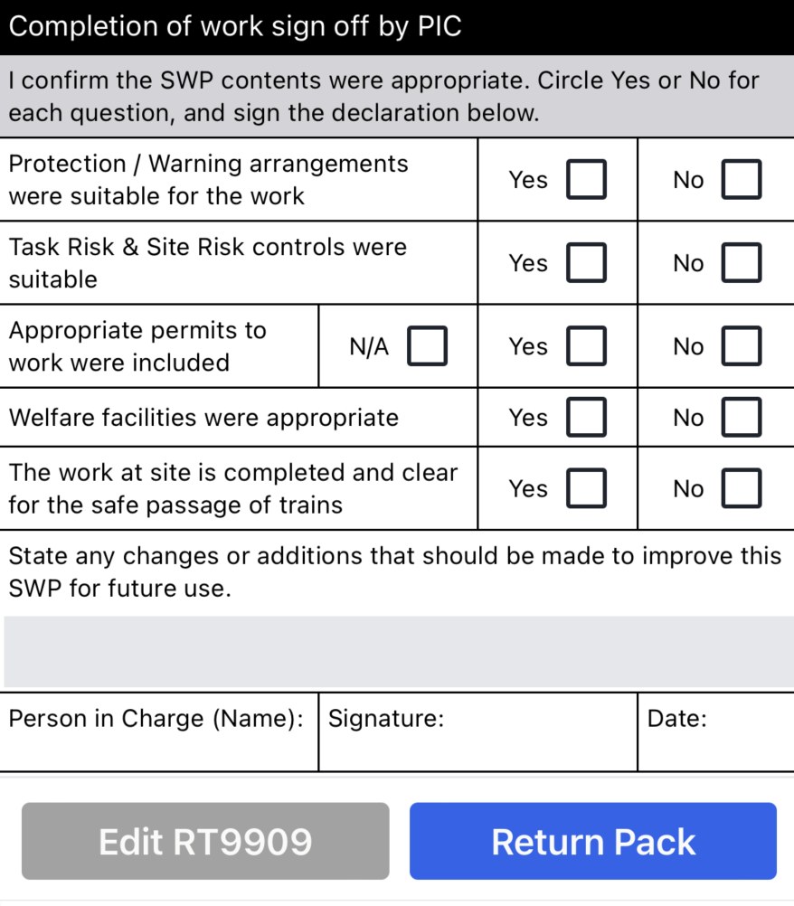 Completion of Work Sign Off form