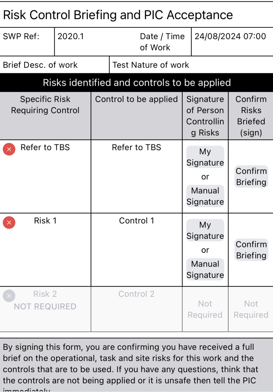 Risk Control Briefing form