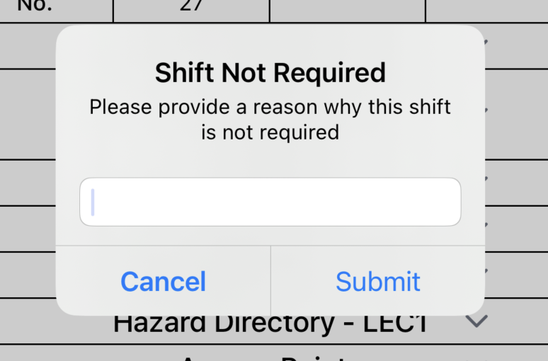 Shift Not Required reason prompt