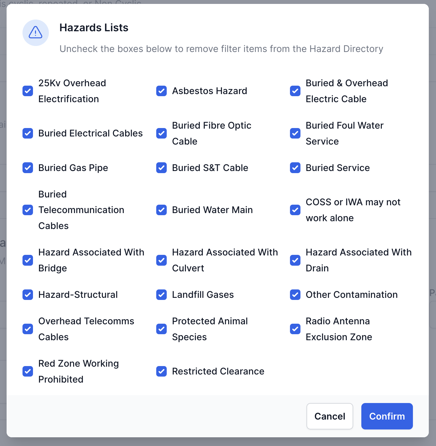 Filter Hazards Modal
